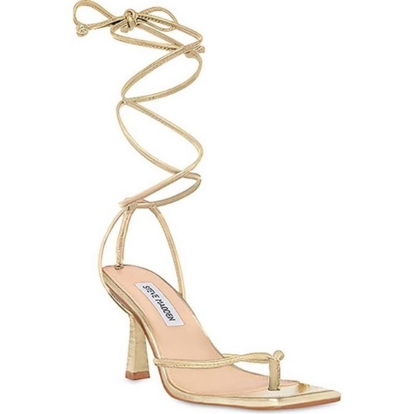 Steve Madden Khari Heeled Sandal Wraparound Ankle Tie Gold Metallic Leather New - Picture 3 of 9